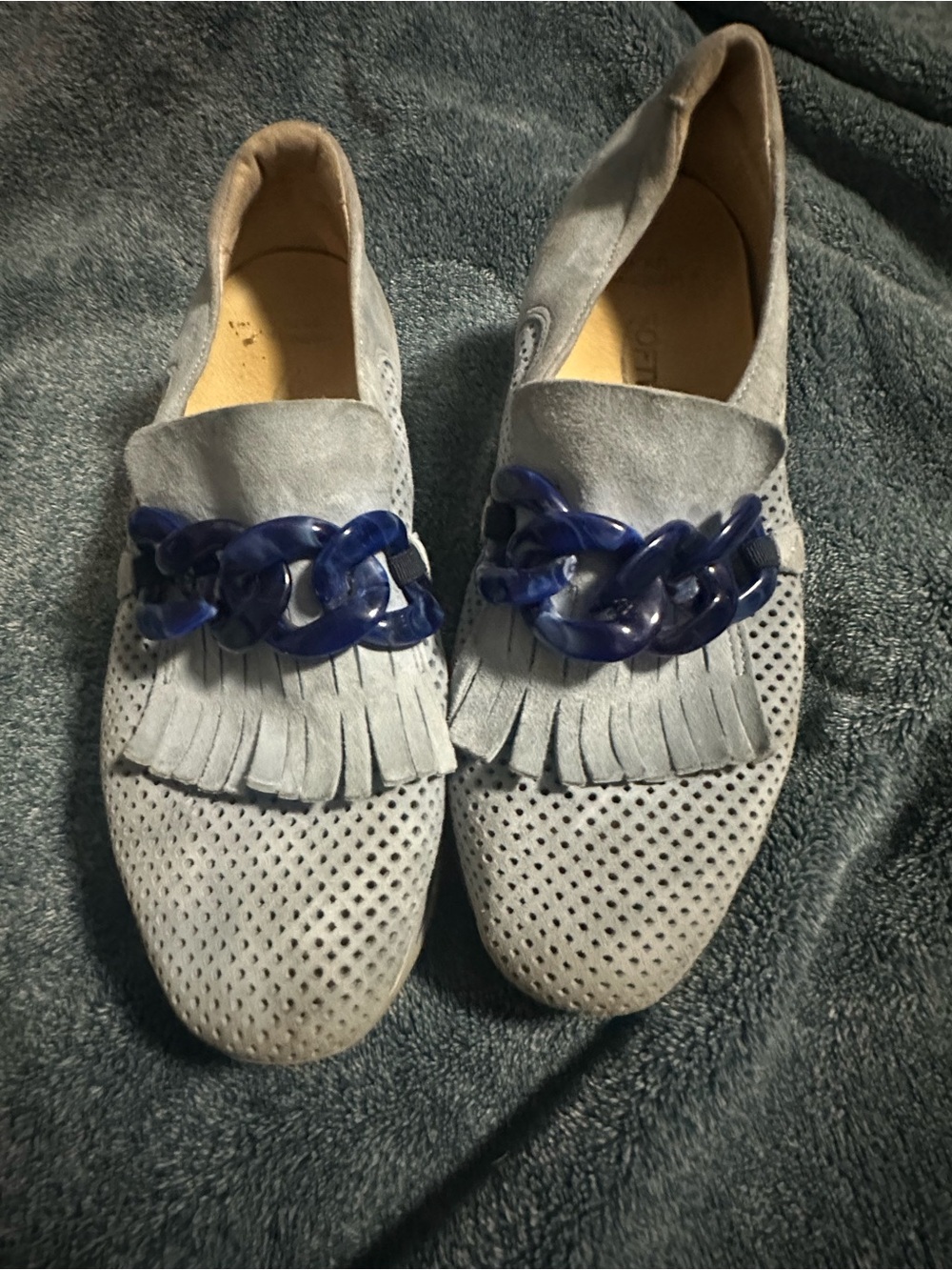 Light Gray Suede Fringe Loafers with Navy Chain Accent